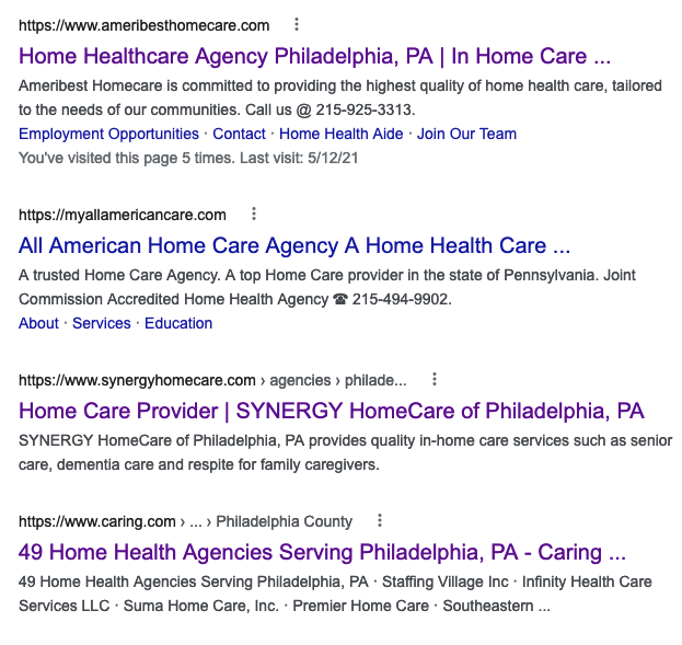 SERP for SEO for home care agency